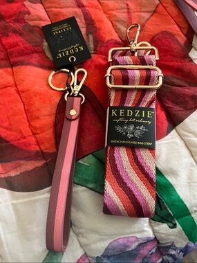 NWT KEDZIE Pink,0rangy Red, Maroon & Tan adjustable Bag Strap and Wristlet strap